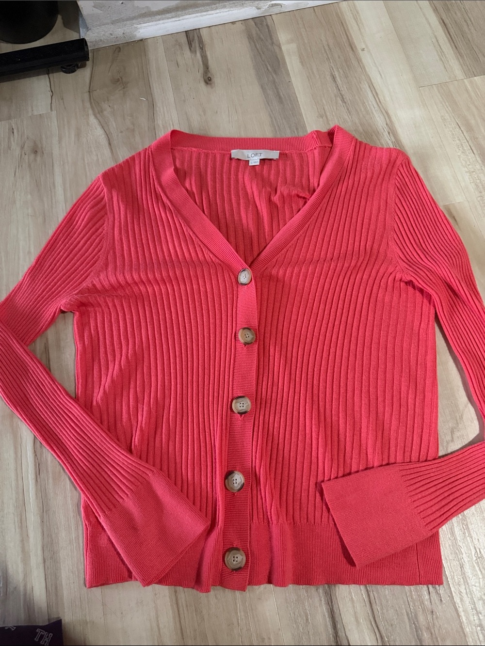 LOFT Coral Ribbed V-Neck Button-Up Cardigan